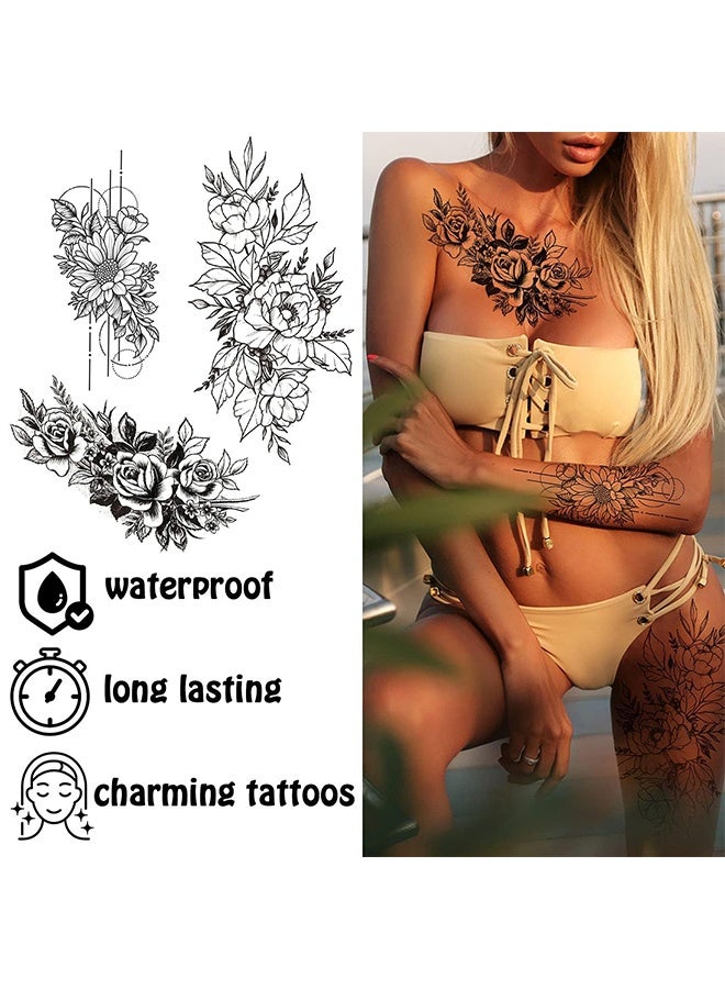 ·6 قطع من ملصقات الوشم المؤقت - وشم على شكل زهرة وهمية وشم شبه دائم على شكل نصف ذراع، وشم مزيف مقاوم للماء للنساء البالغات والبنات على الكتف والذراع والساق والظهر - Image 4